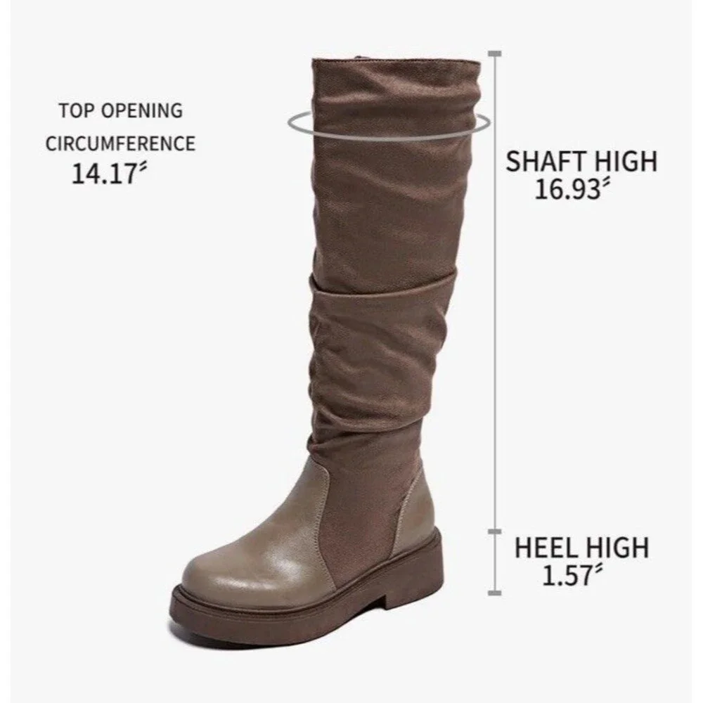 Women's Fashion Thick Heel Riding Boots Grey/brown Side Zipper Durable Size 9